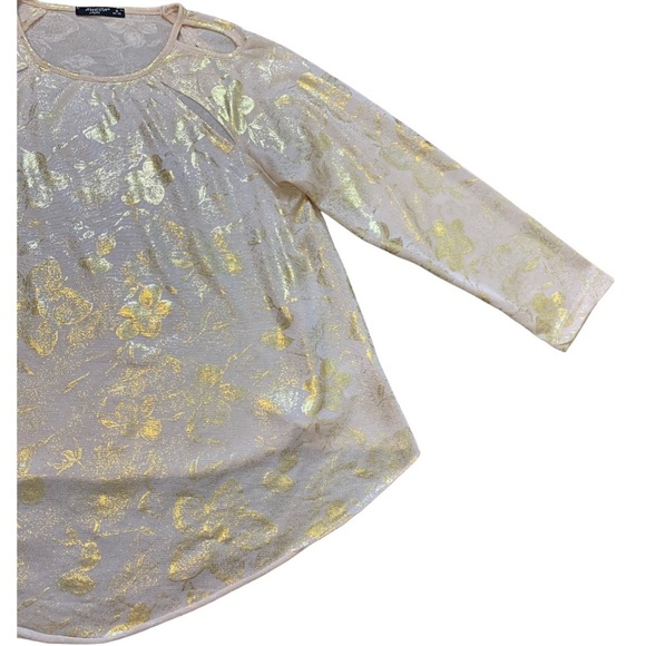 AWESTA Metallic Floral Print Blouse With Front Laser Cutout Blush/Gold Sz Small - Picture 6 of 10